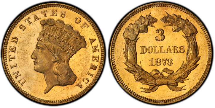1873 Three-Dollar Gold Piece. Close 3. MS-64 (PCGS).